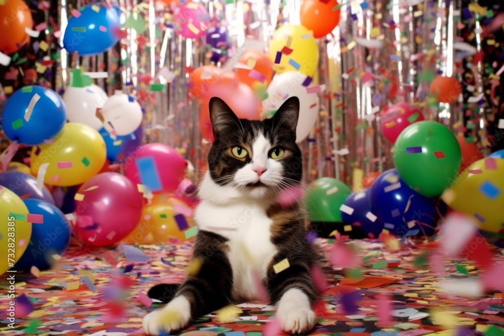 A cat surrounded by vibrant balloons against a backdrop of shimmering confetti.