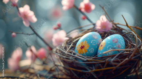 A serene Easter composition of a nest with delicately painted eggs and vibrant yellow flowers, ideal for text space..