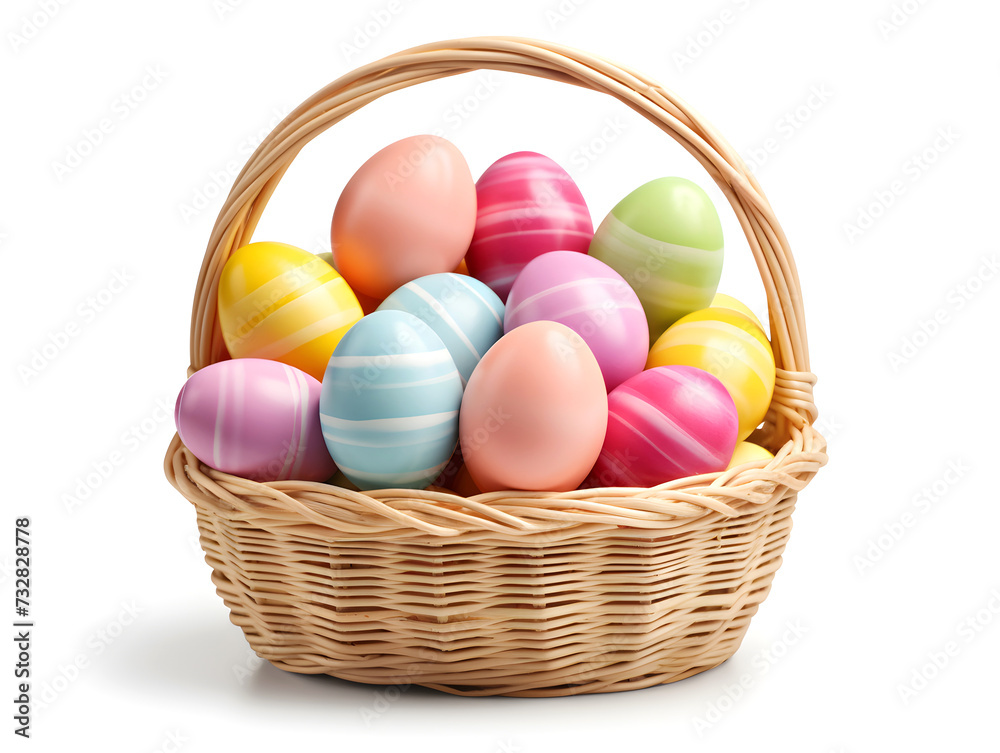 Beautifully Decorated Easter Eggs in a Wooden Basket Isolated on a White Background