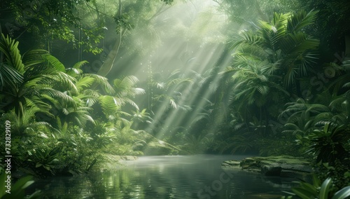 Sun s rays seep through the thick green leaves of a forest of serene nature