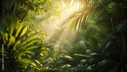 Sun s rays seep through the thick green leaves of a forest of serene nature