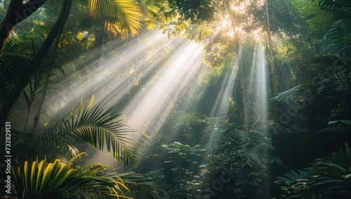 Sun's rays seep through the thick green leaves of a forest of serene nature