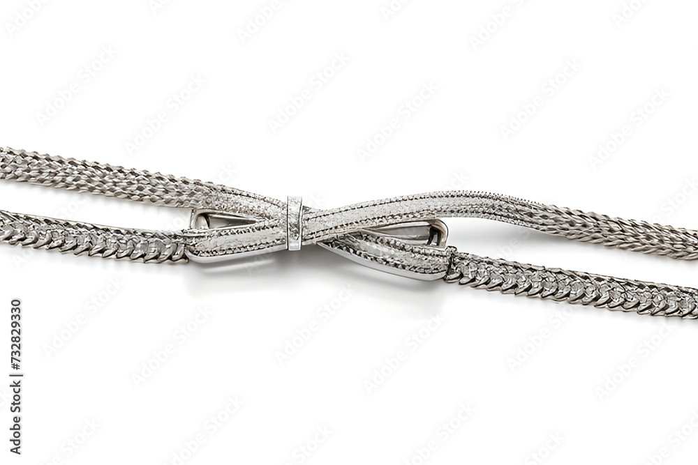 A photograph of a set of silver curly belt isolated on white A photograph of a set of silver curly belt isolated on white