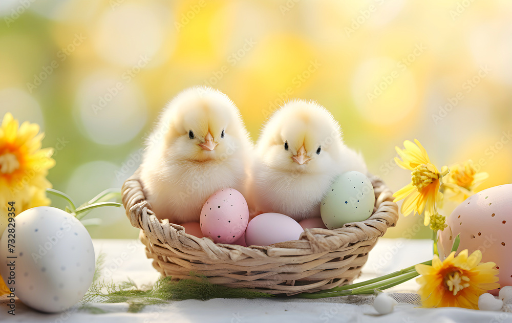 A Nest of Easter Eggs with Baby Chicks Inside on a Table A Nest of Easter Eggs with Baby Chicks Inside on a Table