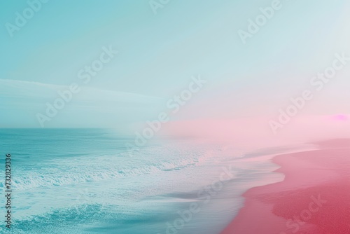 A calm pink sand beach with turquoise waves and a pastel sky. Seascape of a tropical paradise
