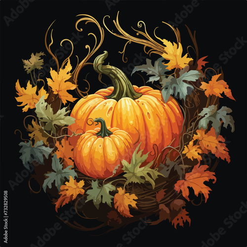 Illustration of autumn pumpkin and leaves.