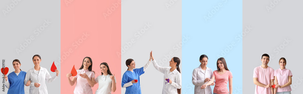 Collage of blood donors and female doctors on color background Collage of blood donors and female doctors on color background