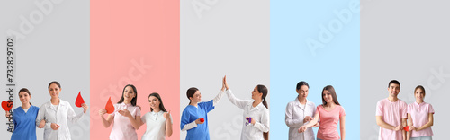 Collage of blood donors and female doctors on color background photo