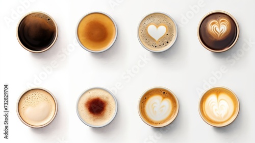Many cups with tasty aromatic coffee on white background. Neural network AI generated art