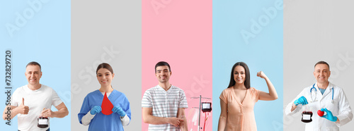 Collage of blood donors and doctors on color background photo