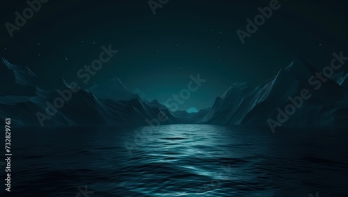 Ethereal blue mountains and serene night lake. Calm mysterious landscape