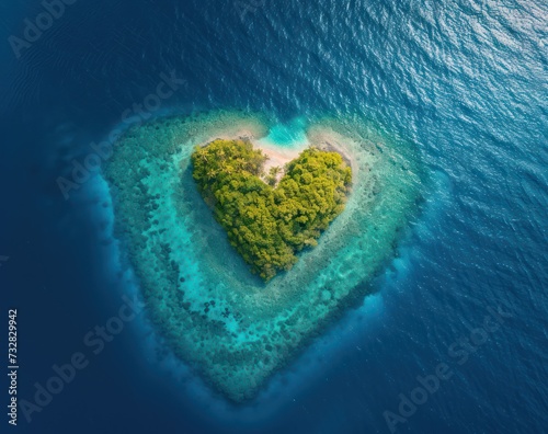 A romantic heart-shaped tropical island with lush greenery and a bird's-eye view of the ocean
