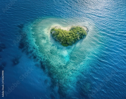 A romantic heart-shaped tropical island with lush greenery and a bird's-eye view of the ocean