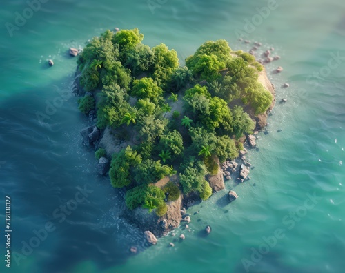 A romantic heart-shaped tropical island with lush greenery and a bird s-eye view of the ocean