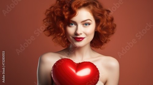 Beautiful happy red-haired lady holds a red heart shaped balloon. Love and valentine's day. Solid background. AI Generated