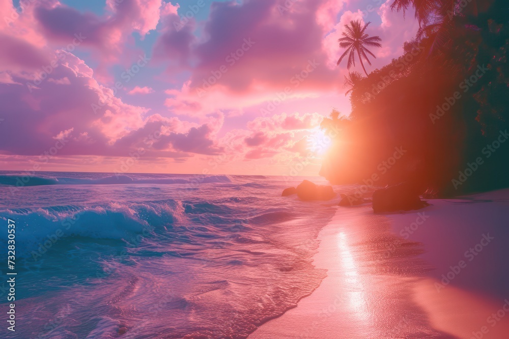 Dreamy pink sunset over calm beach waves. Romantic tropical seascape - obrazy, fototapety, plakaty 