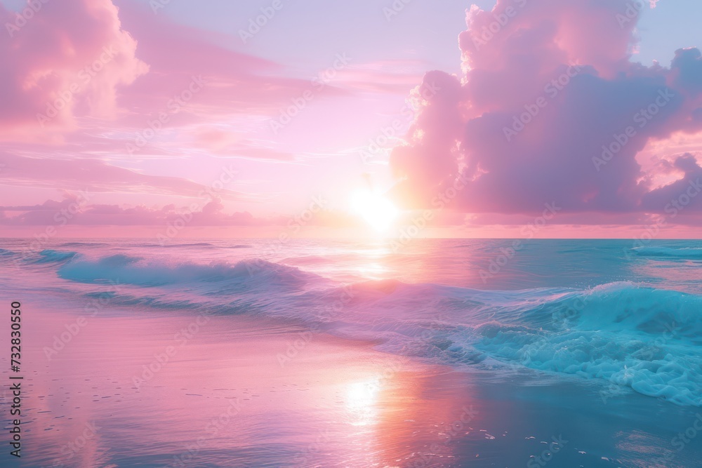 Dreamy pink sunset over calm beach waves. Romantic tropical seascape
