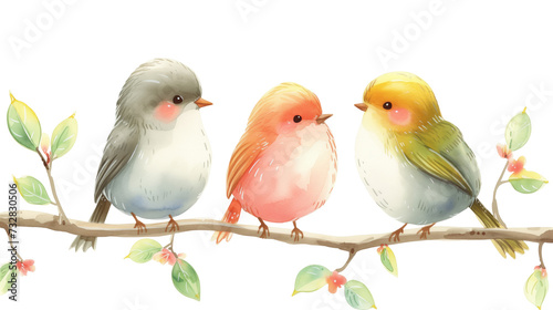 Watercolor illustration of a group of birds sitting on a branch with flowers on a transparent background. Clipart PNG.