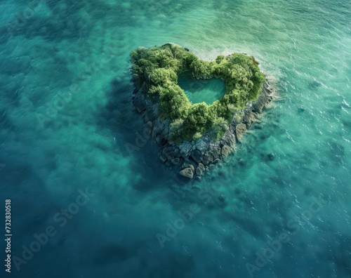 A romantic heart-shaped tropical island with lush greenery and a bird's-eye view of the ocean