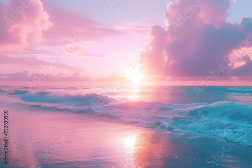 Dreamy pink sunset over calm beach waves. Romantic tropical seascape © ColdFire