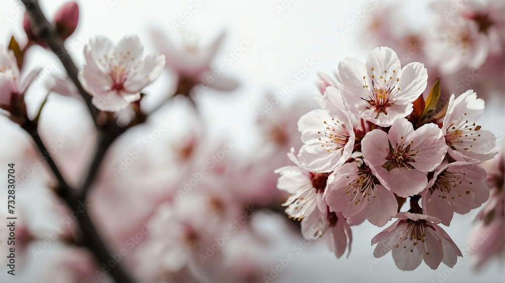 Bush of pink cherry blossoms on plain white background from Generative AI