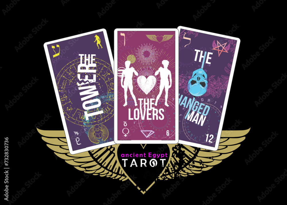 Ancient Egyptian Tarot. T-shirt design featuring three Egyptian tarot cards along with a heart symbol with wings.