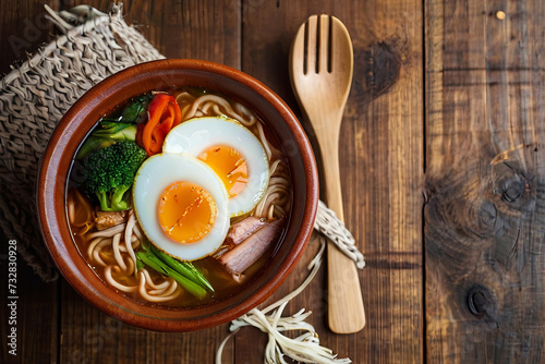 Savory ramen soup. Pork, egg, and vegetables on wooden background. Top view of delicious Asian cuisine. 
