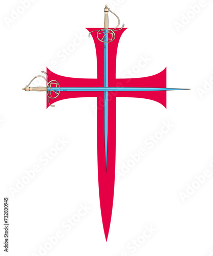 Vector illustration of two swords clashing over a red cross. Ideal design for chivalry and adventure comics.	