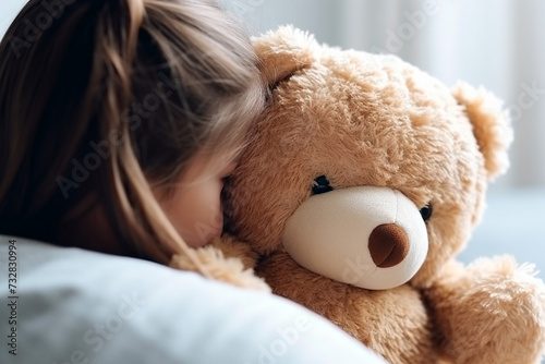 Tender Affection: An adorable image of a girl hugging her teddy bear with a shy