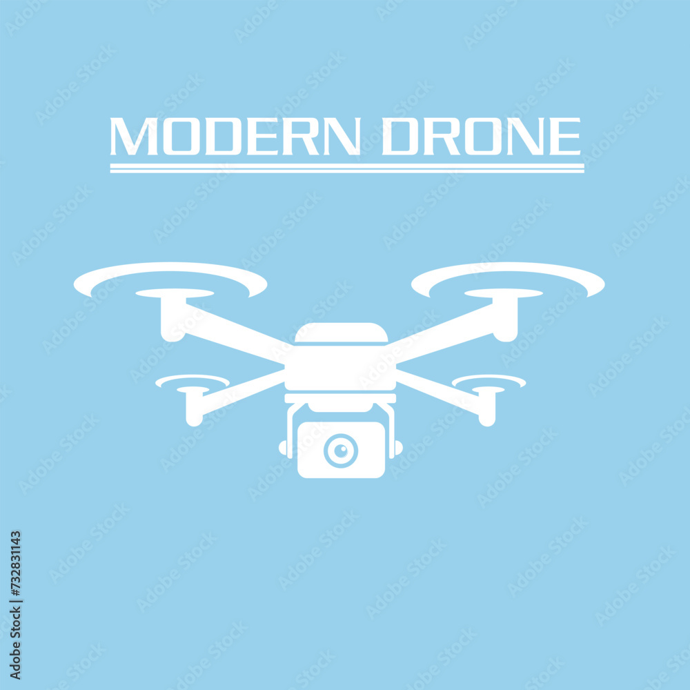 A white silhouette vector drone logo set against a blue background with the text A white silhouette vector drone logo set against a blue background with the text