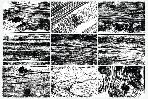 Abstract tree wood surface texture background set. Nature wooden texture collection. Black and white. Vector background design. Forest finds collection, natural tree flat set.