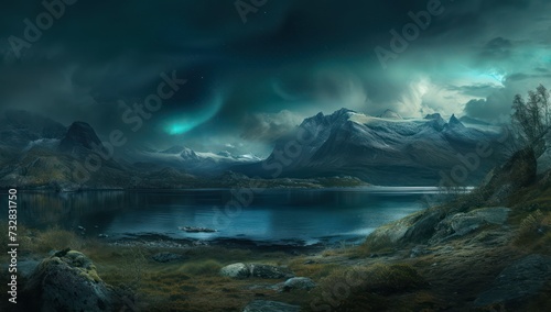 Majestic northern lights over icy mountain peaks. Ethereal arctic winter night sky © ColdFire