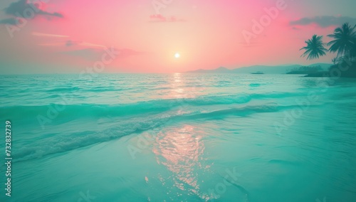 Calm ocean waves under a pink sky at sunset. Calm nature