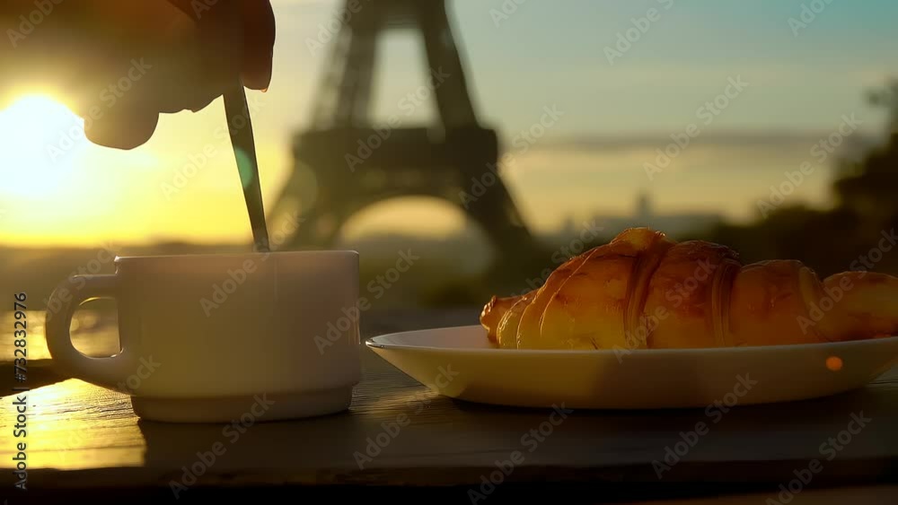 Cup of coffee with a croissant on a sunny morning in the background of the Eiffel Tower