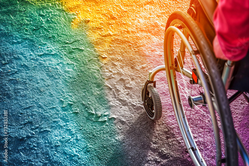Person in a wheelchair circulates on a floor painted with colors such as blue, red, green and yellow, July, disability pride month