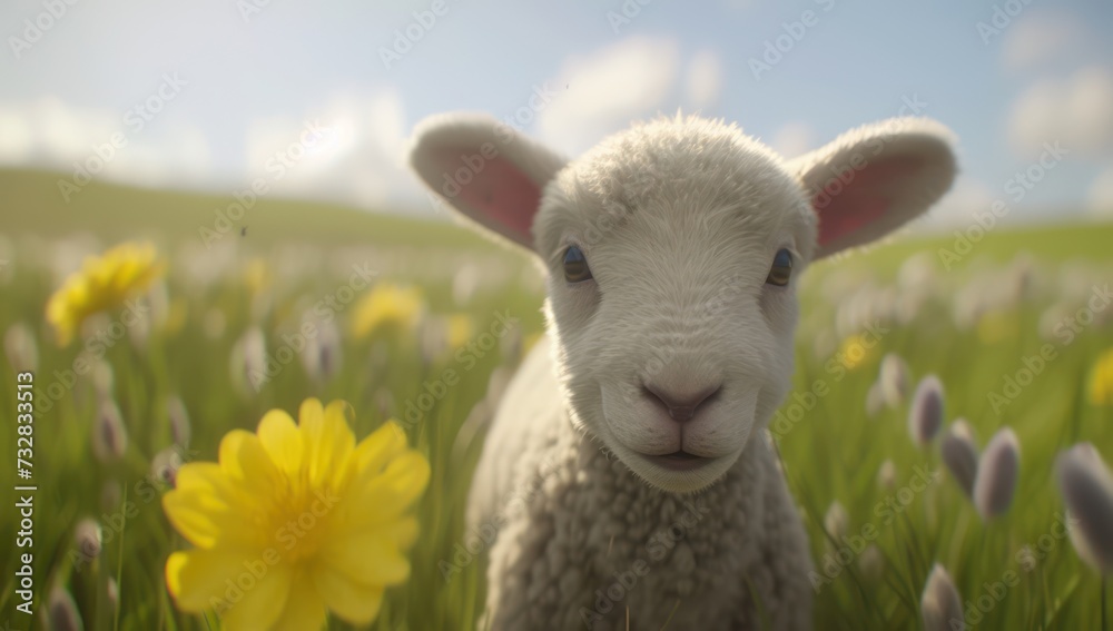 A charming fluffy lamb is grazing on a spring meadow with daisies