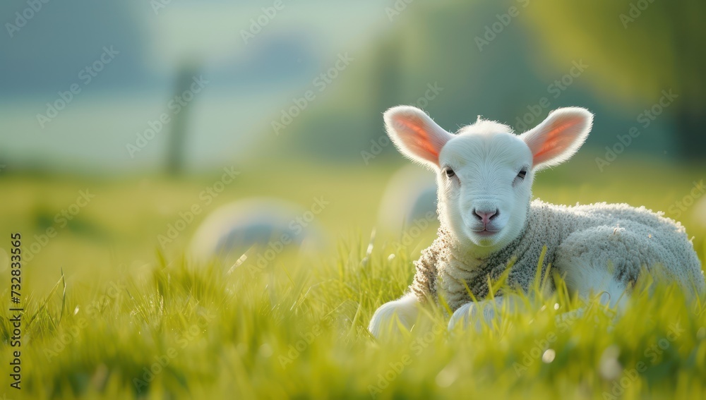 Obraz premium A charming fluffy lamb is grazing on a spring meadow with daisies
