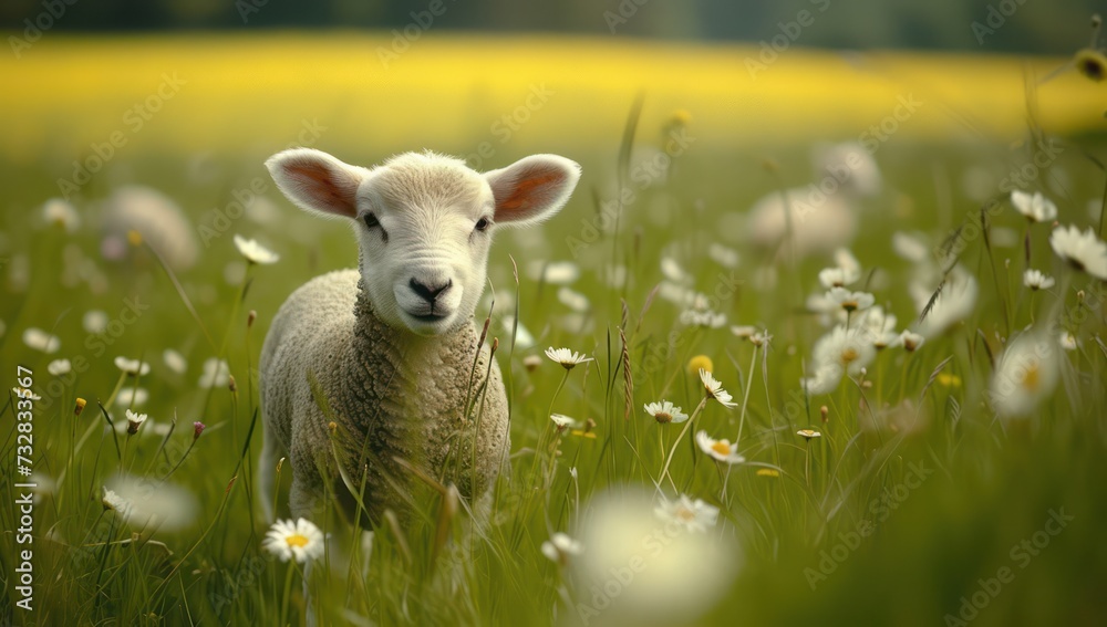 A charming fluffy lamb is grazing on a spring meadow with daisies A charming fluffy lamb is grazing on a spring meadow with daisies