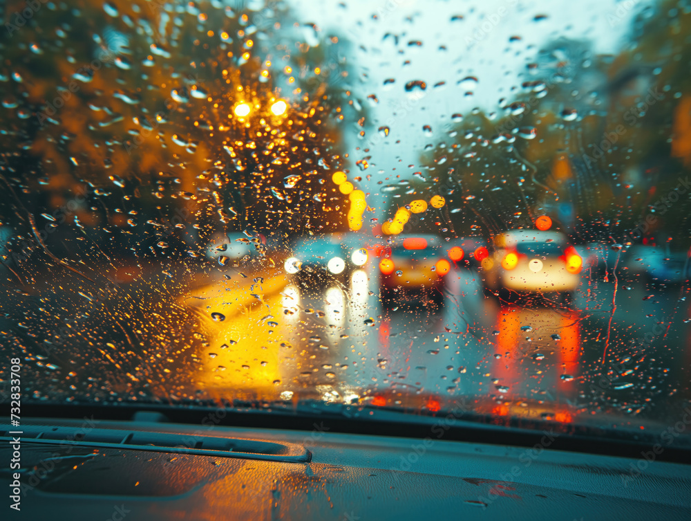 In autumn, raindrops gently tap on a car's window, revealing lively ...