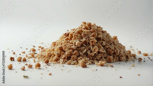 Pile of cake crumbs on plain white background from Generative AI