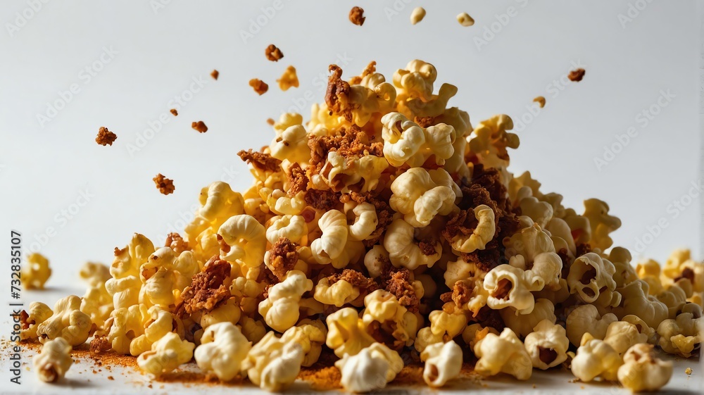 Pile of popcorn with bbq cheese powder on plain white background from ...