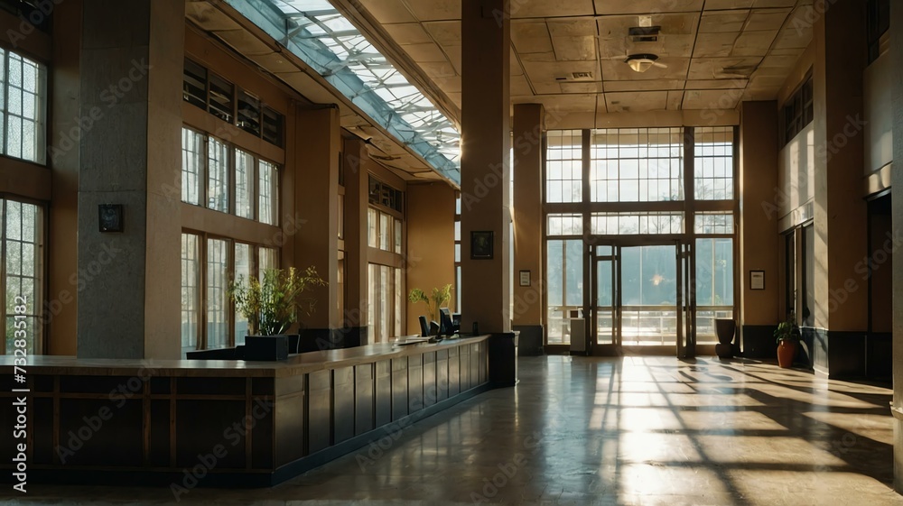 Reception area of an old office building with sunlight on the morning from Generative AI