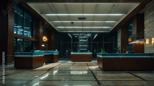 Reception area of an old office building at night from Generative AI