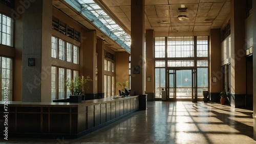Reception area of an old office building with sunlight on the morning from Generative AI