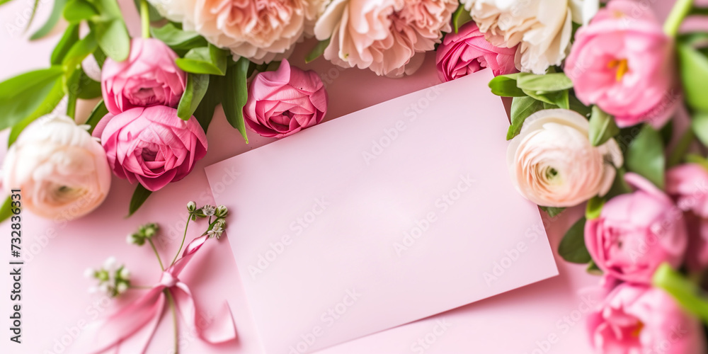 Card to congratulate or thank a woman, Valentine's Day, flowers around