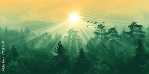 Mystical rays of the sun penetrate the green misty forest at dawn