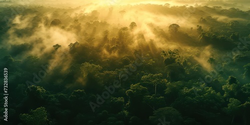 Mystical rays of the sun penetrate the green misty forest at dawn