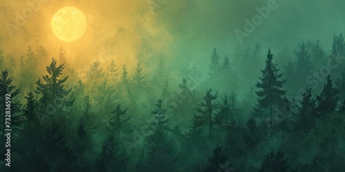 Mystical rays of the sun penetrate the green misty forest at dawn
