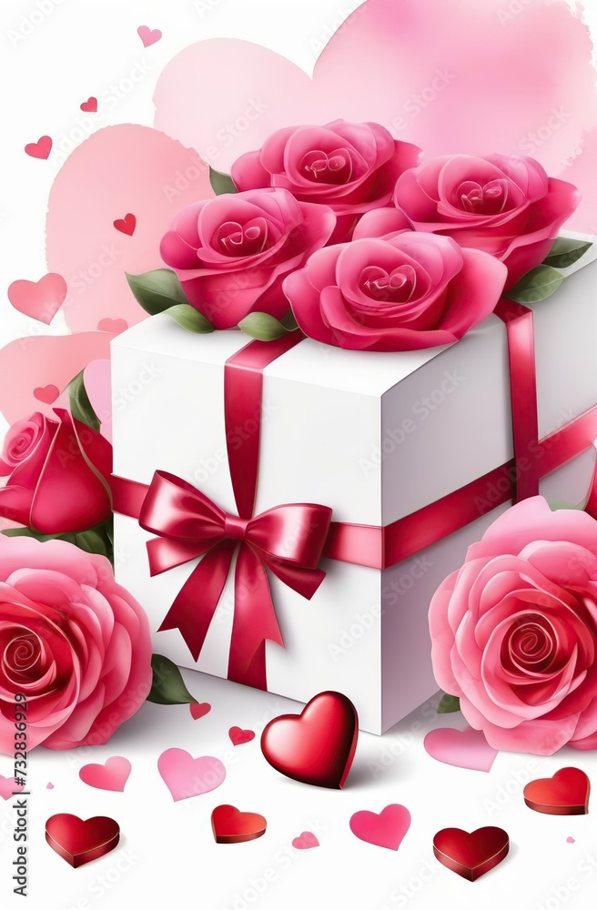 Valentine's day card, flowers, chocolates, box with bow, hearts, vector watercolor illustration on a white background in pink shades. Watercolor. space for text. Valentine's day card, flowers, chocolates, box with bow, hearts, vector watercolor illustration on a white background in pink shades. Watercolor. space for text.