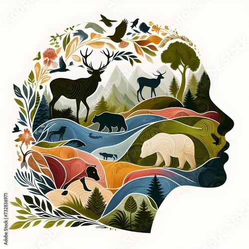 Human face with a lot of animals in the forest